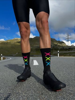 MULTICOLOR ✖️✖️✖️ Black socks with pink, yellow & blue logos. #rideXXX